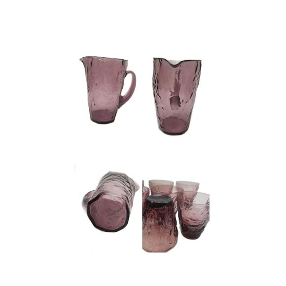 Vintage Amethyst Crinkle Pitcher Cocktail Set by Morgantown Glass, 12 Pc Set - Picture 3 of 9